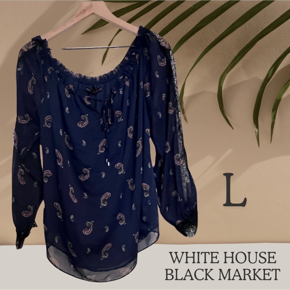 White House Black Market Paisley Navy Blue Blouse with Lace Detail Women’s Large
